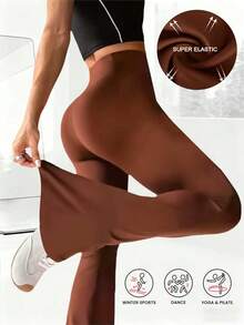 女士高腰喇叭裤，交叉弹力腰带设计，休闲百搭修身阔腿裤，弹力涤纶面料，可机洗，凸显曲线，瑜伽/健身紧身打底裤，高腰提臀收腹裤 - 柔软面料 - 棕色 - 查看 4