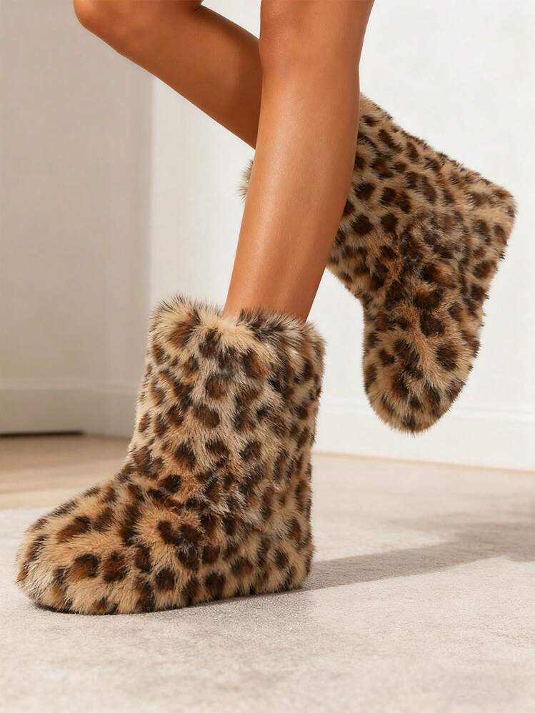 New Winter Warm Plush Artificial Fur Women's Snow Boots - Leopard Pattern Ankle Boots, Soft Lining, Comfortable Slip On Design, Suitable For Outdoor And Indoor Wearing In Cold Weather, Neutral Short Ankle Sexy Leopard Pattern Snow Boots - Solid Color Classic, Ultra Smooth Fur Touching The Ground, Perfect Choice For Christmas And Halloween Gifts, Y2K Style! Y2K Fashionable Men's And Women's Snow Boots - Made Of Synthetic Washed Bear Skin, Silky Ground Touching Fur, Classic Solid Color Tones, Ideal Choice For Christmas And Halloween Party Boots! - Họa tiết da báo - Xem 4