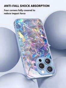 Blue Matte Side & Back 2D Printed Creative Tech Style Blue Gradient Crystal Pattern Tempered Glass Phone Case, Compatible With Samsung S24/S25 Ultra/S23/S23 Ultra/S22/S21, 17/17 Air/17 Pro/17 Pro Max/16/15/14/13/12/11/X/XR/XS Max/7/7P Series, Compact Luxury Business Fashion Fingerprint-Resistant Tempered Glass Phone Case - Blue - View 6