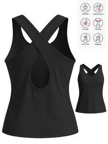 Women's Fitness Criss-Cross Strap Sports Tank Top, Gym Workout Casual Sleeveless Shirt - Black - View 11