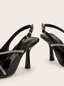 Sapatos de Salto Alto Femininos com Bico Fino, Decoração de Strass Preto Brilhante, Versátil para Uso Diário, Banquete, Festa - Preto - Visão 6