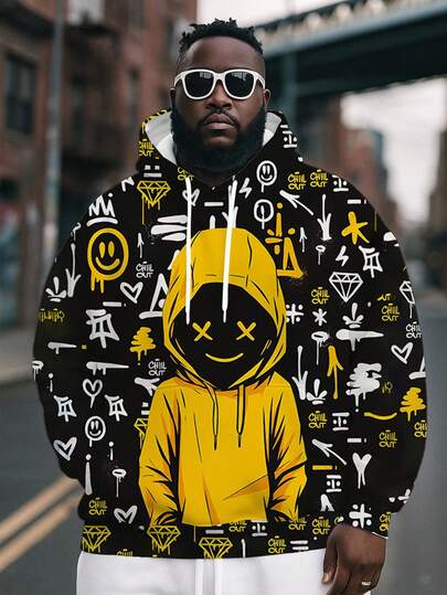 3D digitaltryckt tecknad figur med helkroppstryck i plusstorlek, tröja för män, långärmad tröja med fickor, lämplig för höst/vinter