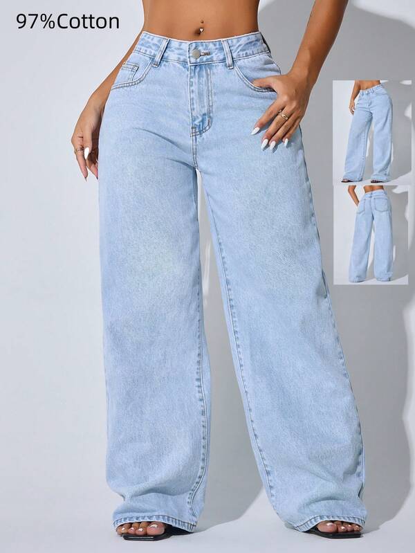 Calça jeans feminina casual azul com cintura baixa e perna larga, bolso inclinado e curvado, roupas de outono