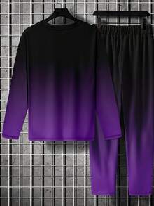 Men's Ombre Print Long Sleeve T-Shirt And Pants Set - Purple - View 2
