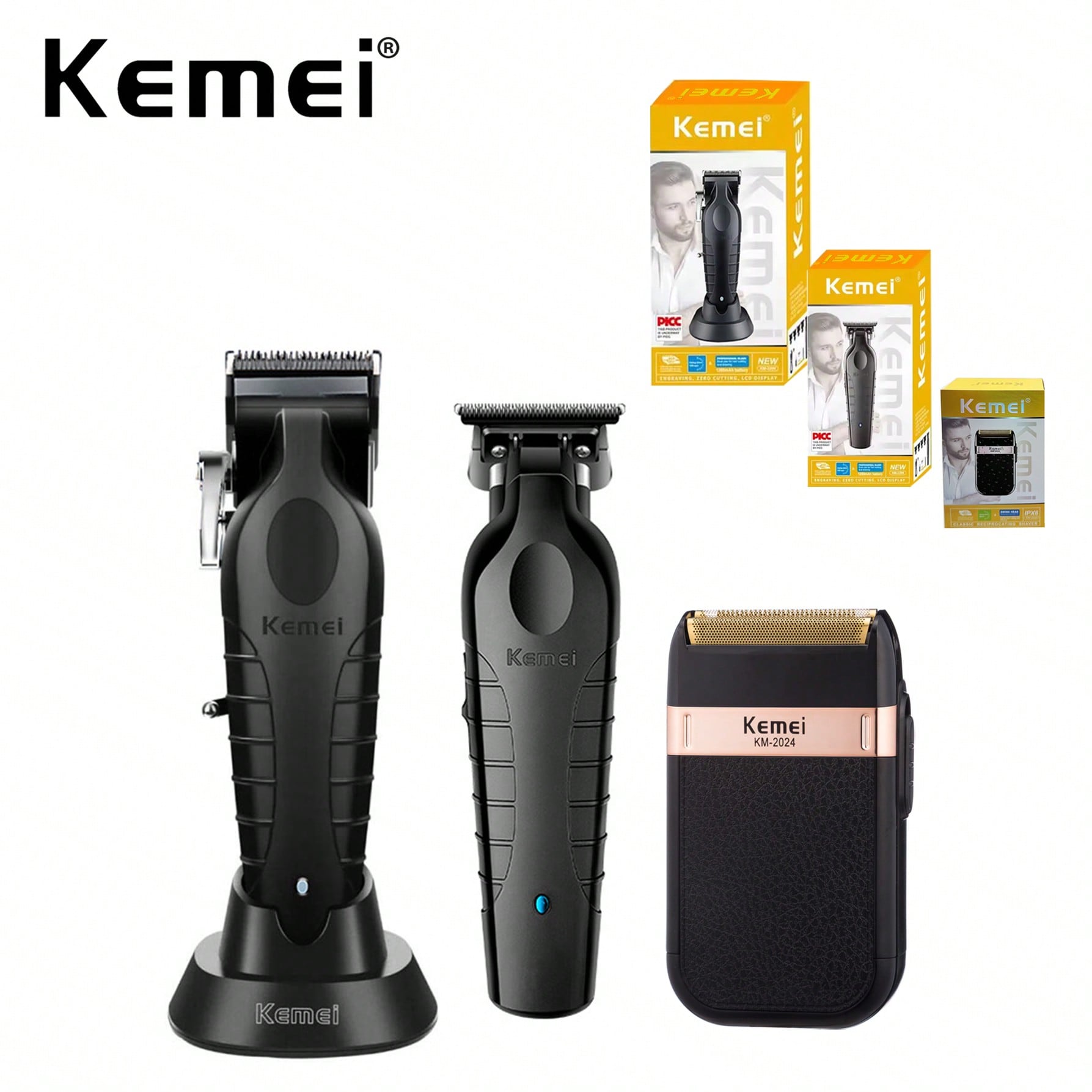 Professional Hairdresser Haircut Clipper & Trimmer Set KM-2296, USB Rechargeable Clipper With Charging Base, KM-2299 T-Shaped Blade Trimmer , Beard & Razor Home Beauty Kit , KM-2024 Shaver