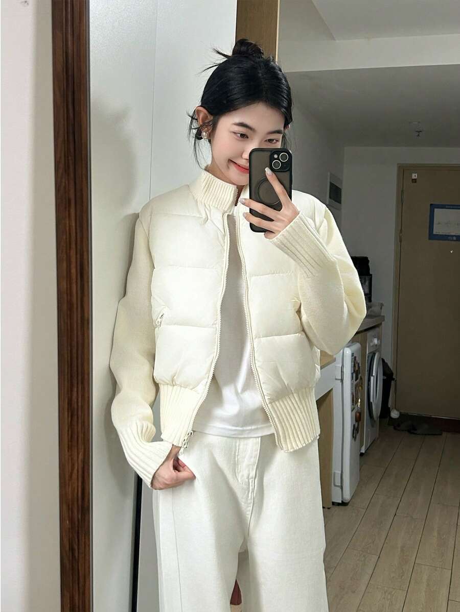 Women's Down Jacket, Long Sleeve, Thick Jacket, Switching Fabric, Winter Outerwear, Padded Jacket, Thick Blouson, Stylish, Cute - 白色 - 查看 1