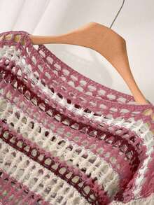 1pc Plus Size Women Striped Knit Hollow Out Casual Dress, Suitable For Home, Holidays, Spring/Autumn - Watermelon Pink - View 4