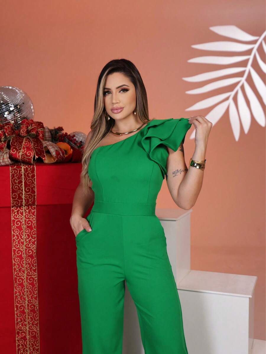 !! One-Shoulder Jumpsuit With Wide-Leg Pants And Sleeve Detail, Super !!! - Bendera Hijau - View 1