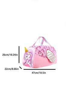 1个便携式旅行包，印有可爱的卡通独角兽/兔子/蛋糕/鲨鱼/恐龙等新颖造型。大容量、轻便耐磨的单肩斜挎包，配有舒适宽肩带，肩带长度可调节，满足基本收纳需求，适合旅行、户外活动、露营等场合，也适合万圣节、感恩节、圣诞节等节日。