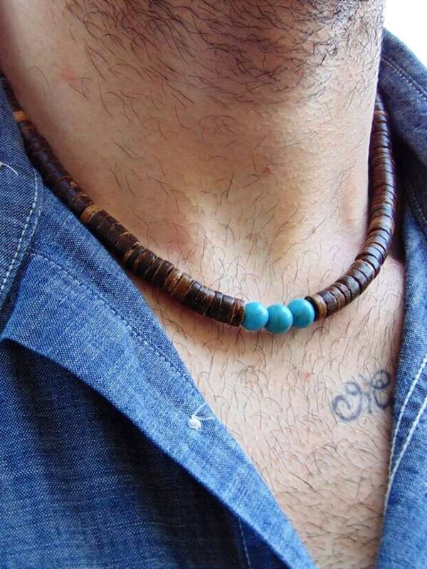 KWHY 1pc Fashionable Retro Stainless Steel & Turquoise Beaded Necklace, Suitable For Men's Daily Wear