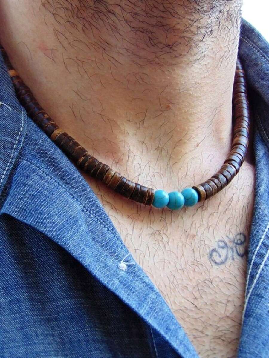 KWHY 1pc Fashionable Retro Stainless Steel & Turquoise Beaded Necklace, Suitable For Men's Daily Wear
