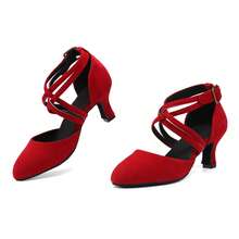 Women's Professional Latin Dance Shoes, Medium Heel Standard Dance Shoes, Double Strap, Burgundy Indoor Professional Dance Shoes, Performance Ballroom Salsa Dance Shoes - Red - View 8