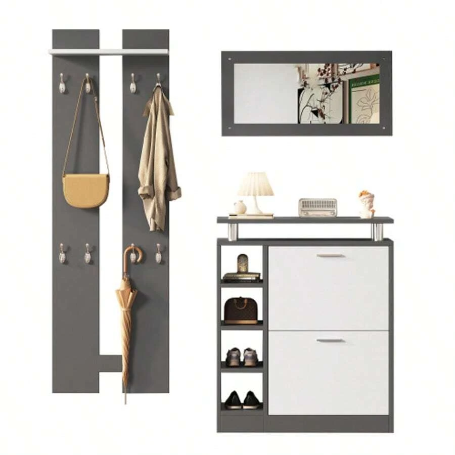 Wandgarderobe-Set 80 x 25 x 96,5 cm, inkl. Spiegel, 2 Wandpaneels, eine Regalwand und ein Schuhschrank, Korpus anthrazitgrau matt, Flurmöbel, Flurtrockenständer, Flurgarderobe, Schuhwechsler-Set,