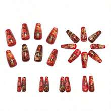 24PCS Ballet-Style Press On Nails - Lunar New Year Themed With Golden Dragon Soaring Pattern, 3D Red Lanterns, Gold Ingots & Floral Decor. Full Cover Glitter Gold Foil Nail Tips, Reusable & Beginner-Friendly To Apply (Comes With Jelly Glue & Nail File). Festive Lucky Nail Art With Good Symbolism, Perfect For Women's Holiday Parties, Daily Matching & New Year Gatherings. - Đỏ - Xem 5