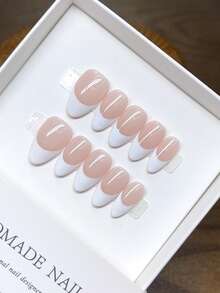 10 piezas de arte de uñas con forma de almendra hechas a mano, manicura francesa blanca pintada a mano, estilo de uñas postizas, material acrílico, arte de uñas de otoño, hecho a mano, arte de uñas acrílicas de alta calidad, diseño simple, uñas postizas de cobertura total, arte de uñas estilo Y2K, uñas postizas creativas únicas y especializadas, arte de uñas para uso diario, arte de uñas lindo y moderno, desmontable y reutilizable.