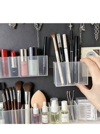 1个/3个/6个/15个装透明隔层收纳盒，PP材质，无需钻孔安装，适用于收纳各种化妆品、护肤品小样、化妆刷、眉笔、口红、小物件等。