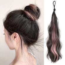 1件装合成纤维环绕式马尾发髻假发 - 20英寸凌乱卷发盘发接发，配有弹性发圈，适合女性日常佩戴