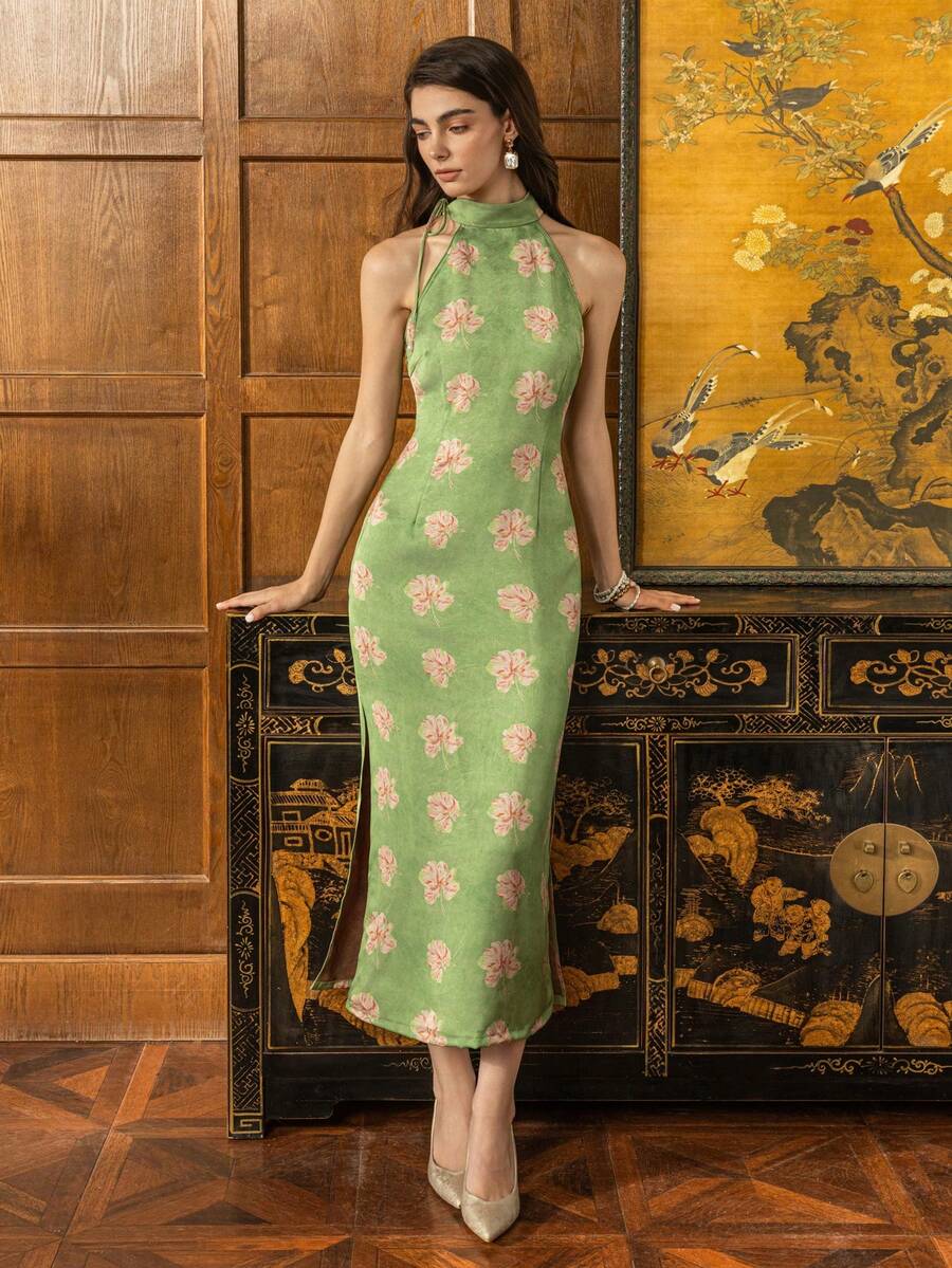 Faeriesty ​Sườn xám phong cách Trung Hoa mới thanh lịch dành cho phụ nữ: Cổ cao, thiết kế không tay với đường xẻ bên quyến rũ và chi tiết buộc có thể điều chỉnh - Lý tưởng cho bữa tối Gala, đám cưới trang trọng, tiệc chiêu đãi kinh doanh và tiệc chiêu đãi sang trọng​ - màu xanh lá - Xem 1