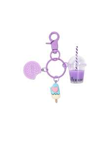 Sweet Pink Ice Cream & Bubble Tea Keychain Set - Cute Biscuit Keyrings For Girls Girl Handbag Purse Jewelry Friendship Gift - Purple - View 8