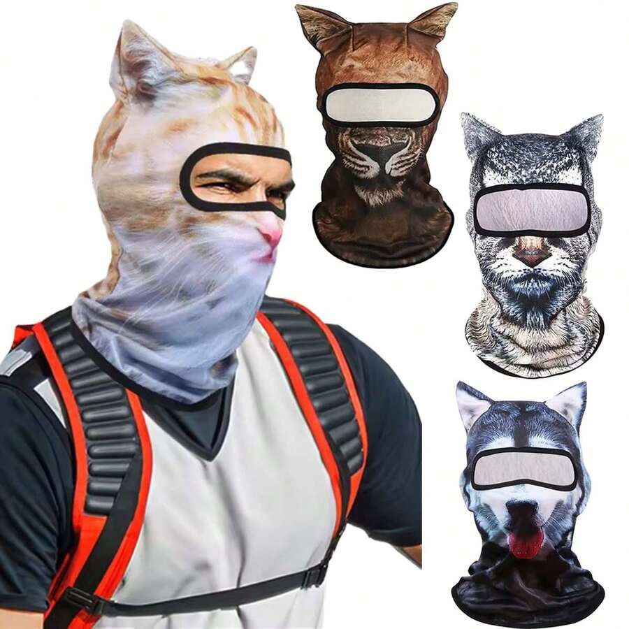 1PC 3D Cat Balaclava Cute Animal Print Balaclava With Ears Ski Face Mask UV Protection Full Face Hood Mask For Music Festivals Raves. - Multicolor - View 1