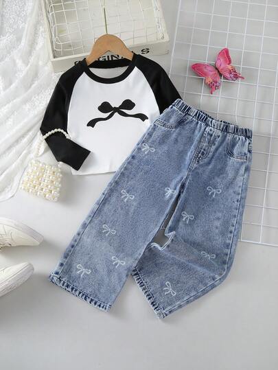 2pcs/Set Toddler Girls Casual Cute Style Minimalist Daily Comfortable Outfit, Bow Print Long Sleeve T-Shirt And Bow Denim Pants Set, Autumn/Winter New