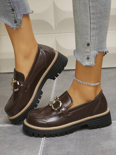 女士厚底乐福鞋，时尚百搭一脚蹬鞋，纯色朋克商务优雅学院风，纯金属办公室正装鞋