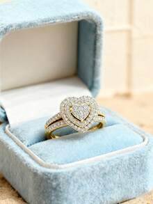 Bộ 2 nhẫn hình trái tim bằng bạc 925 đính đá Cubic Zirconia lấp lánh - Phụ kiện đa năng dành cho nữ, phù hợp cho đi làm hàng ngày và dự tiệc, món quà thanh lịch chất lượng cao. - Vàng - Xem 5