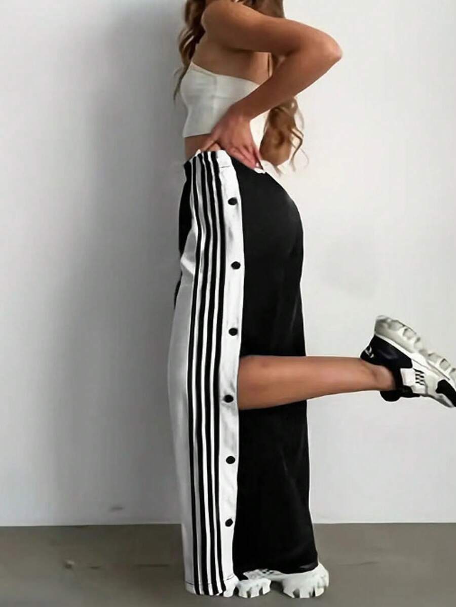 Quần nữ dáng rộng kẻ sọc phối màu tương phản, có cúc cài bên hông, kiểu dáng thời trang đi nghỉ mát, cỡ lớn. - màu đen - Xem 1