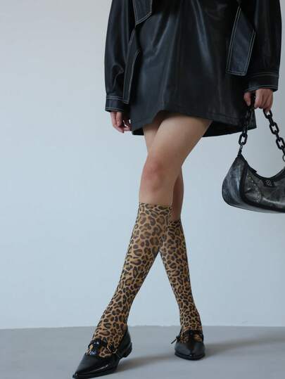 1 Pair Women's Nylon Leopard Print Mid-Calf Socks, Fashionable & Versatile, Y2k, E-Girl