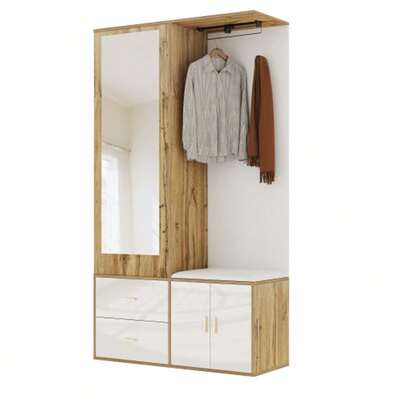 Elegant Wardrobe Set In White And Wood Tones With Mirror, Shoe Cabinet, Shoe Bench With Hooks And Extendable Clothes Rail