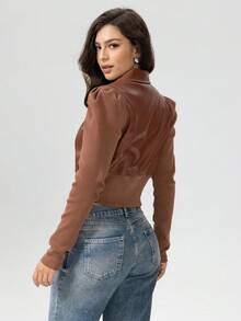 D&M Elastic Faux Leather Patchwork Ribbed Slim Fit Short Jacket - Brown - View 2