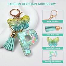JINGUAZI Initial Letter Keychains For Women Tassel Butterfly Pink Purple Cute Car Keychain For Wallet Backpack Bag Charm{Inchcolor_nameinch:InchP-Greeninch} - P-green - View 4