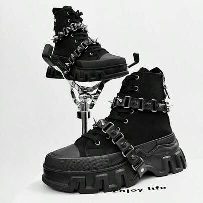 SLnU3 3pcs Men's Fashionable Thick Sole Elevated Motorcycle Boots, Punk Street Preppy Casual Style, Personalized Accessories Decoration, Interchangeable, Metal Eyelets Lace-Up Side Zipper, Simple Design Suitable For Outdoor All Seasons Versatile
