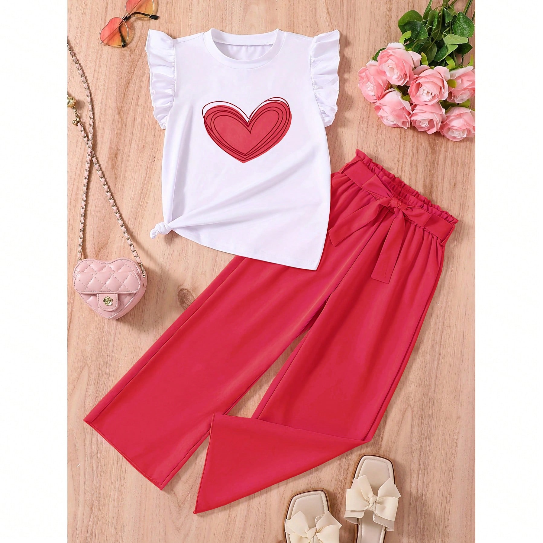 Conjunto de top con volantes y estampado de corazones y pantalones para niñas pequeñas, atuendo casual cómodo, refrescante y de moda, adecuado para