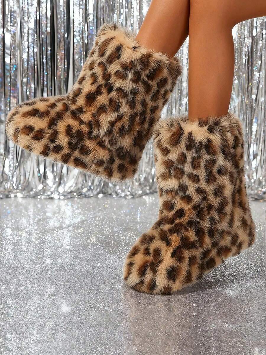 New Winter Warm Plush Artificial Fur Women's Snow Boots - Leopard Pattern Ankle Boots, Soft Lining, Comfortable Slip On Design, Suitable For Outdoor And Indoor Wearing In Cold Weather, Neutral Short Ankle Sexy Leopard Pattern Snow Boots - Solid Color Classic, Ultra Smooth Fur Touching The Ground, Perfect Choice For Christmas And Halloween Gifts, Y2K Style! Y2K Fashionable Men's And Women's Snow Boots - Made Of Synthetic Washed Bear Skin, Silky Ground Touching Fur, Classic Solid Color Tones, Ideal Choice For Christmas And Halloween Party Boots! - Họa tiết da báo - Xem 1