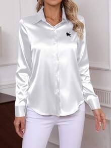 Blusa clásica de unicolor, elegante de popelina, de manga larga con botones para mujer, para uso diario en la oficina, nueva llegada de primavera 2025 - Blanco 2 - Ver 4