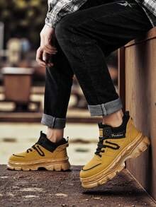 Men's High-Top Fashion Work Boots, Casual Vintage Comfortable Elevator Outdoor Hiking Shoes - Earthy Yellow - View 4