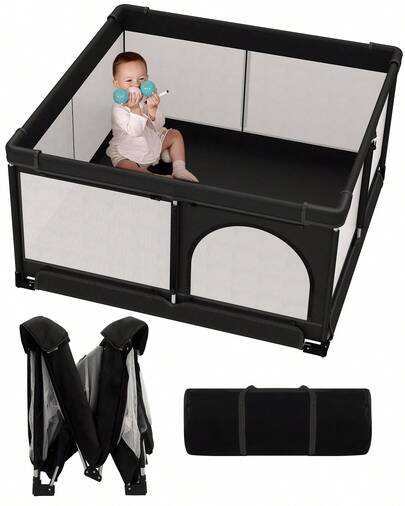 Foldable Baby Playpen, Extra Large Collapsible Play Yard For Babies & Toddlers, Portable Travel Playpen With Gate,Indoor & Outdoor Activity Center (51"*51" Black)