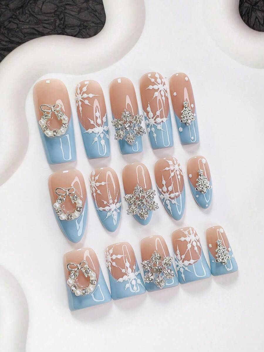 10pcs Christmas Nail Art Set, Including Blue French Manicure Stickers, Hand-Painted Snowflake Nails, 3D Christmas Wreath & Tree Nail Decorations, Diamond Snowflake False Nails, Blue Nail Polish, Suitable For Christmas, Parties, Weddings, Daily Wear, Comes With Tool Kit, Great Gift For Women & Girls, Long-Lasting - 彩色 - 查看 1