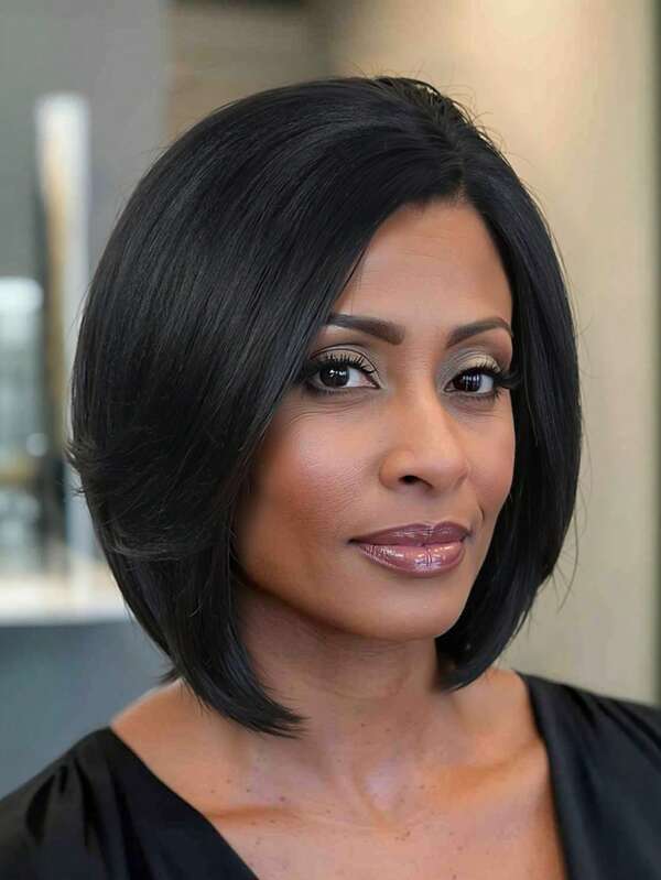 Parrucca a caschetto corto con riga laterale, lunghezza naturale, parrucca a caschetto con parte in pizzo 4x1, parrucca sintetica dritta resistente al calore di alta qualità per uso quotidiano delle donne (Nero)