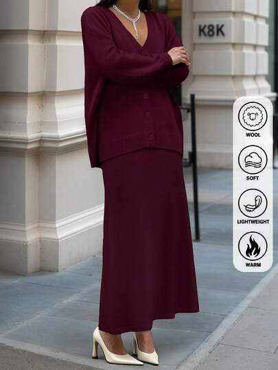 New Women Co-Ords V-Neck Button Closure Knit Cardigan And Maxi Skirt Matching Set,Wool Blend Women Sweater Co-Ords,Burgundy Red Elegant And Comfortable Look, Fashionable Outfit,Loose Fit Knitwear For Commute & Street Style,Wedding Guest Set,Christmas Party Knit Set
