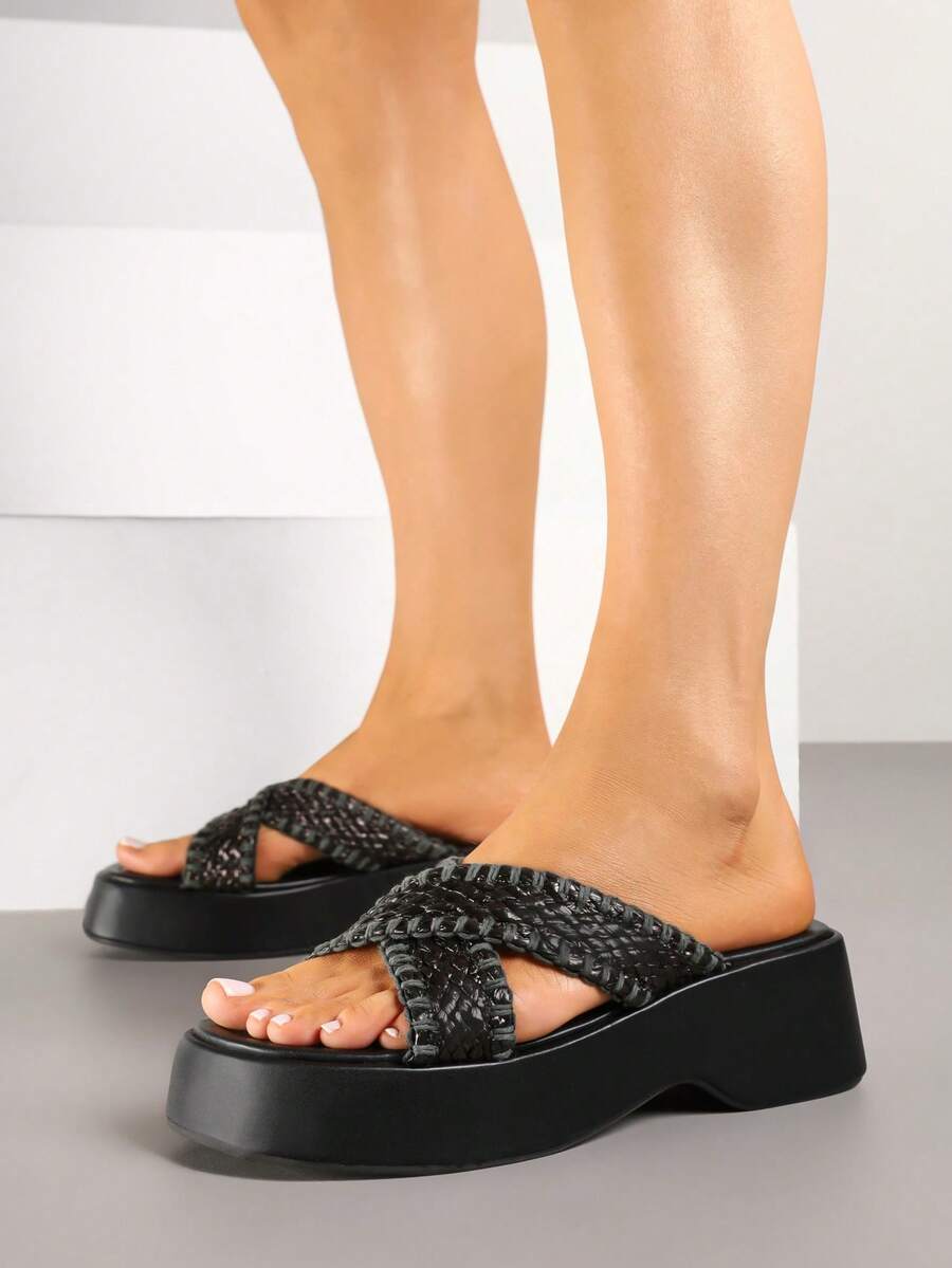 Boho Woven Platform Sandals Women Summer Casual Beach Slides - Black - View 1
