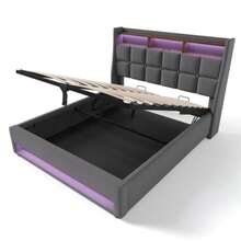 Double Bed With USB 140x200cm, LED Double Bed With Metal Frame, Bed Frame Made Of Linen Material, Teen Bed (Mattresses Not Included) - 灰色 - 查看 10