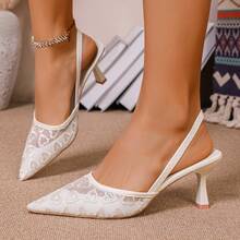 女士7厘米高跟网纱花卉图案闭趾凉鞋，黑色尖头猫跟套脚凉鞋，仙女风弹力高跟鞋 - 白色 - 查看 11