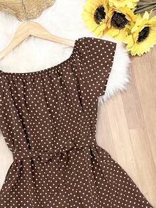 Floral Polka Dot Print With Belt And Ruffled Hem. Beachwear, Women's Fashion. - 棕色 - 查看 2