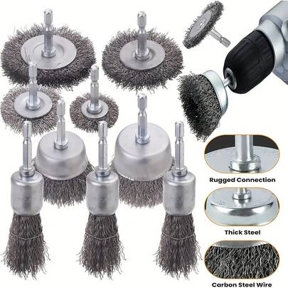 3pcs Wire Wheel & Cup Brush Set, Drill Attachment With 1/4-Inch Hex Shank, Heavy-Duty Carbon Steel For Rust Removal, Deburring, Surface Preparation, 3 Sizes (1.3, 2, And 2.5 Inch)