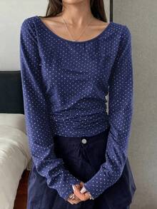 Nora Noon 女士休闲印花长袖针织T恤，适合圣诞节、派对、生日和节假日穿着 - 藏蓝色 - 查看 9
