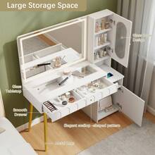 47.5" Big Modern Vanity  With Mirror And Lights, Fluted Makeup Vanity With Glass Top, Vanity Desk With 2 Drawers & Glass Cabinet, Wood Vanity With Storage Cabinet,3 Lighting Modes For Bedroom,Gift For Girls Women - 查看 4