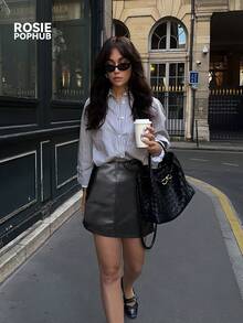 ROSIE POPHUB Women's Black Versatile Elegant Leather Skirt, No Belt, Suitable For Workplace, Wedding Season And Other Occasions, Summer & Winter - Black - View 9