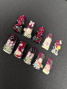 10 Pieces Of Pure Handmade Wearable Nail Pressed Nails 33mm Duckbill Nail Long Nail Multi-Color With French Edge Nail Pink Bow Decoration A Variety Of Accessories Decoration Fashion Versatile Gothic Y2k Suitable For Women To Wear Three Sizes To Choose From Suitable For A Variety Of Occasions Party Dance And Daily Wear Nail Supplies Handmade Press On Nails - Multicolor - View 2